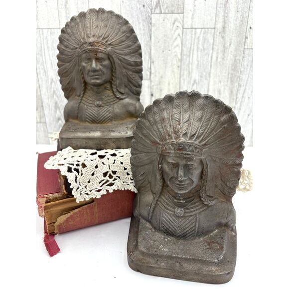 PAIR Antique Cast Iron Indian Chief Bookends Jennings Brothers Decor - Picture 1 of 8